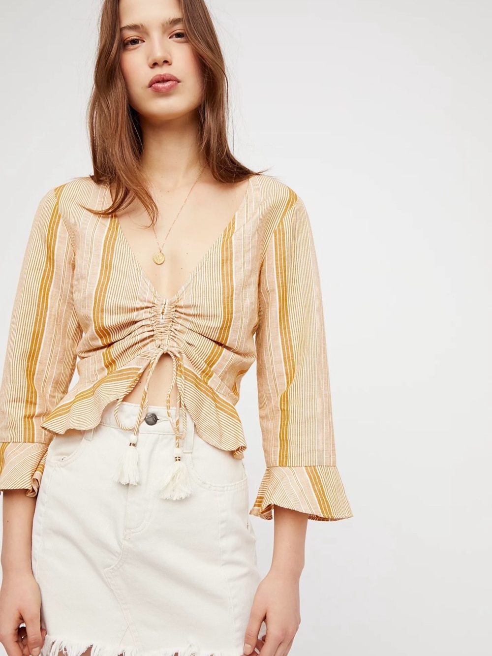 Free People Young Love Striped Cinch Front Linen Top Medium Yellow